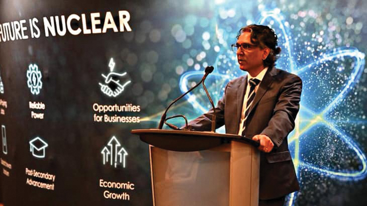 SaskPower President and CEO Rupen Pandya, at right, during the announcement of plans to evaluate large nuclear reactor technologies in Saskatchewan.